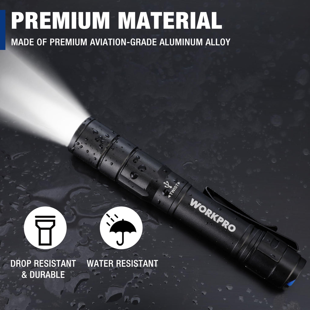 WORKPRO Rechargeable Pen Light, Mini Flashlight, 2 Pack Ultra-Compact EDC Flashlight, Pocket Flashlight with Clip, Memory Function and 2 x USB C Cable Included, Black