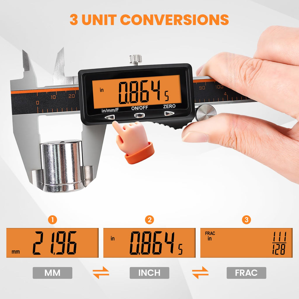 HARDELL Digital Caliper, 6" Rechargeable Caliper Measuring Tool with Large Orange Screen (Non-Backlit), Stainless Steel Digital Micrometer with Auto-Off, Inch/MM/Fraction for DIY/Household/3D-Printing