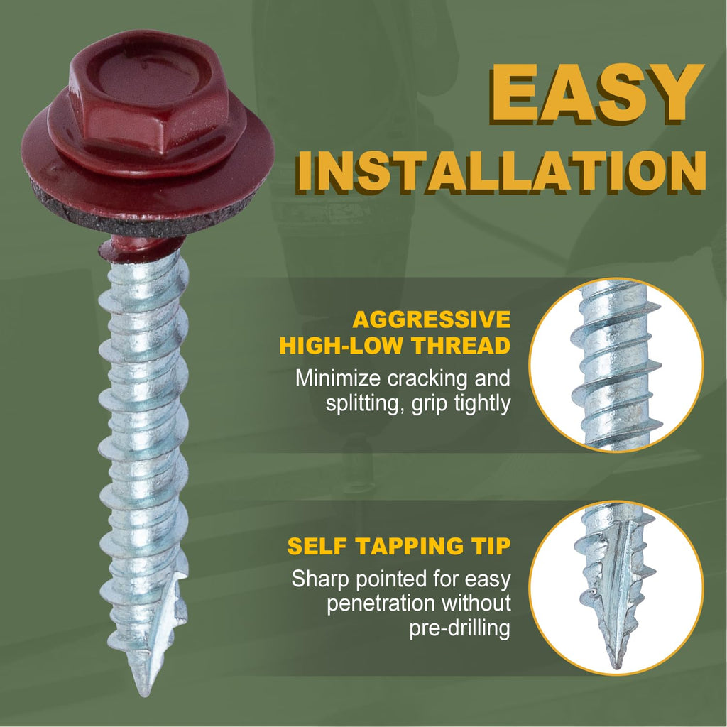LIONMAX Metal Roofing Screws #10 × 1-1/2 Inch, 300-PCS, Dark Red Painted Hex Head Sheet Metal Roof Screws, Rubber Washer, Sharp Point, Metal to Wood Siding Screws, Hex Socket Included