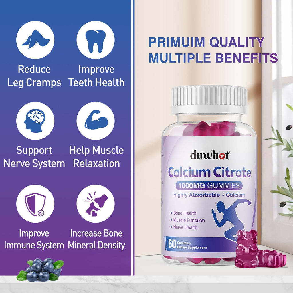 Calcium Citrate Gummies, Chewable Calcium Citrate 1000mg for Bone, Muscle & Immune Support, Ultimate Absorption Calcium Supplements for Women & Men, Blueberry, 120 Chews