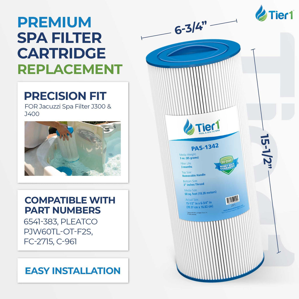 Tier1 Spa Filter Cartridge Replacement for Jacuzzi J300 & J400 – 2 Pack | Compatible with 6541-383, PJW60TL-OT-F2S, 6CH-961 | 15-1/2" x 6-3/4" | Trilobal Fabric | Washable & Reusable | High Flow