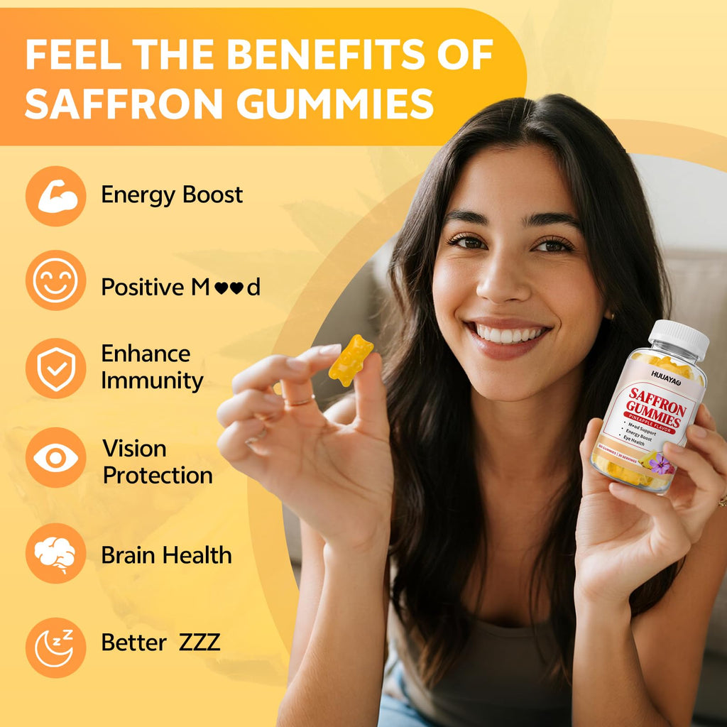 10-IN-1 Saffron Gummies, Sugar Free Saffron Supplements with Ashwagandha, L-Theanine, Rhodiola Rosea, Vitamin D3, B6, Magnesium & Zinc for Mood, Energy, Focus Support, Pineapple Flavor, 60 Count