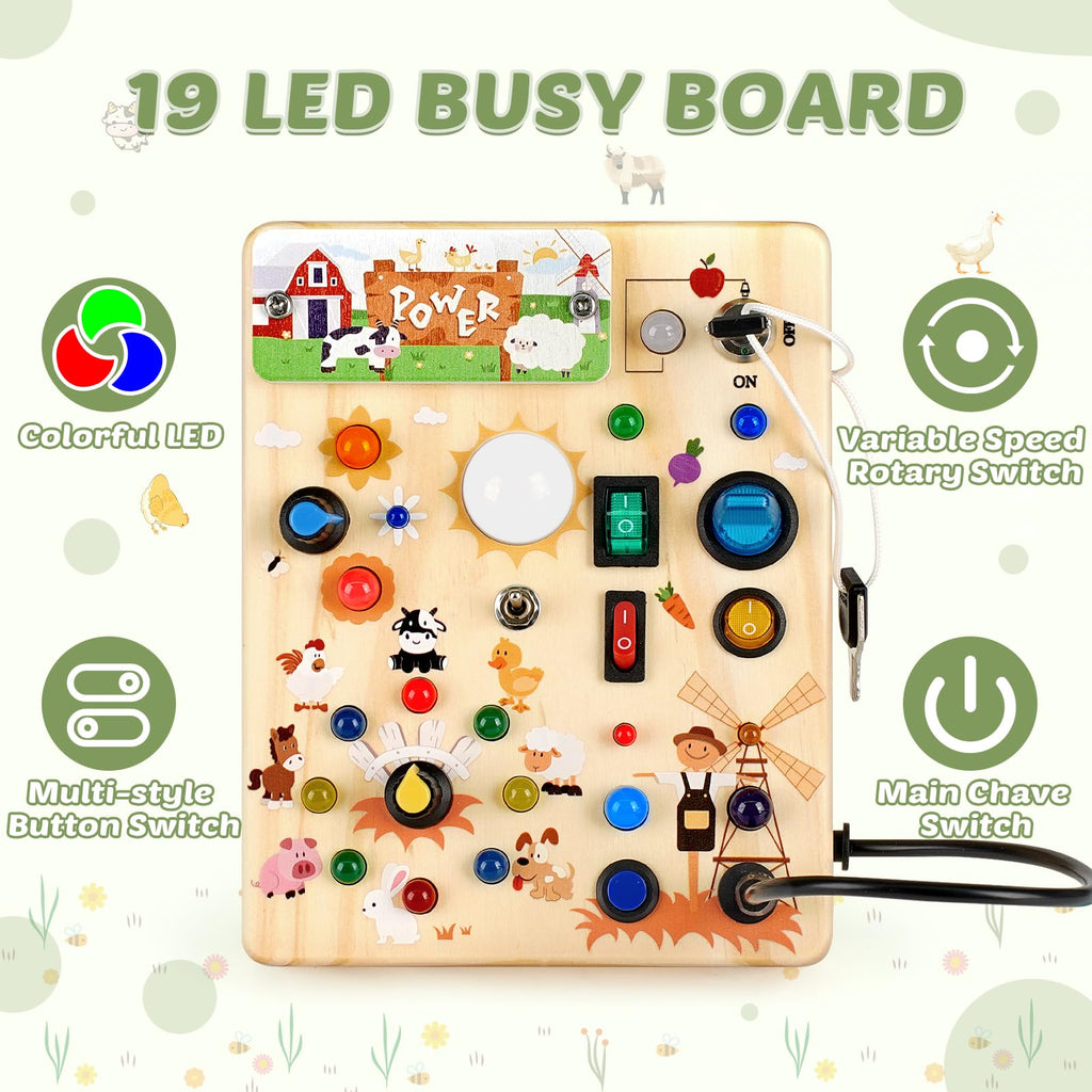 Joyreal Wooden Busy Board with LED Light, Montessori Toddler Toys, Wooden Sensory Board, Toddlers Activity Travel Toys for Boy & Girl Birthday Gift (Farm Theme)