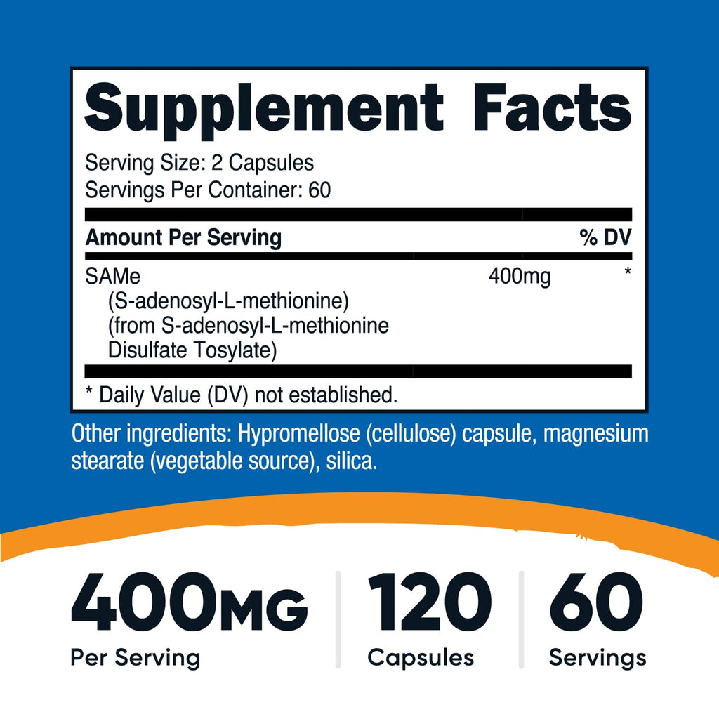 Nutricost SAM-e (S-Adenosyl-L-Methionine) 400mg Per Serving, 60 Servings, 200mg Per Capsule, 120 Capsules - Non-GMO, Gluten Free Same, Vegetarian (Pack of 2)