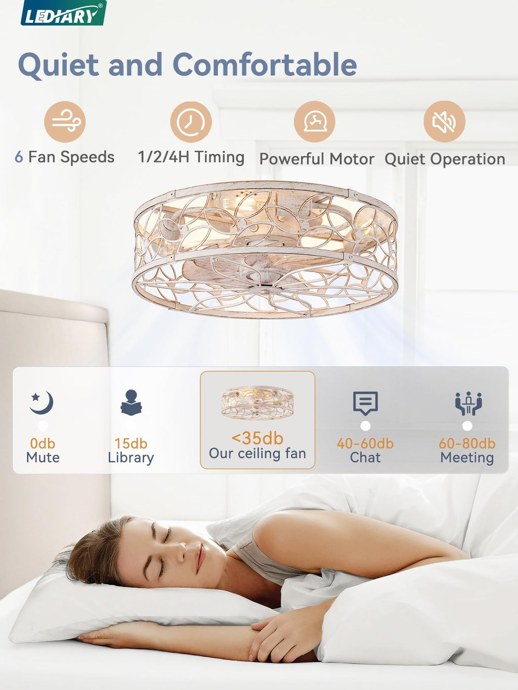 LEDIARY Caged Ceiling Fan with Light, Flush Mount Fandalier with Remote
