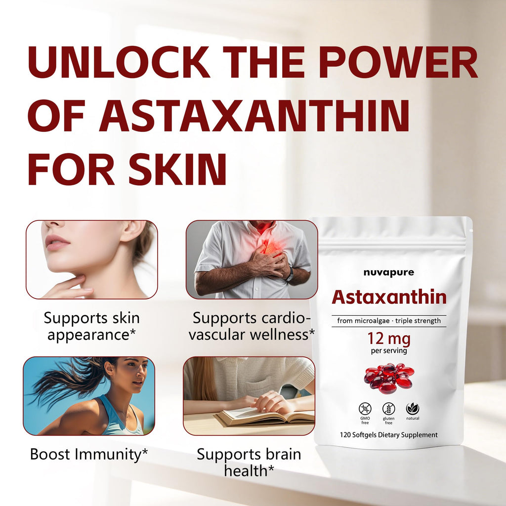 SHAPEGUARD NuvaPure Astaxanthin 12mg Softgels – Triple Strength Astaxanthin from Microalgae, Non-GMO, Gluten Free, Antioxidant Dietary Supplement, 120 Softgels