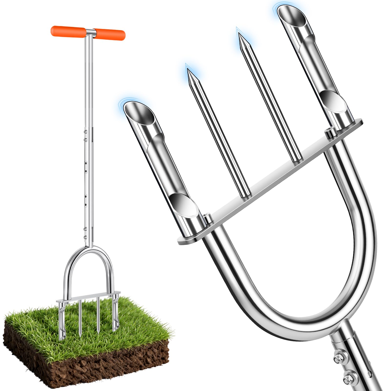 Manual Core Aerator, 2 Hollow Slot + 2 Spike Tines, Semi-Assembled, Orange