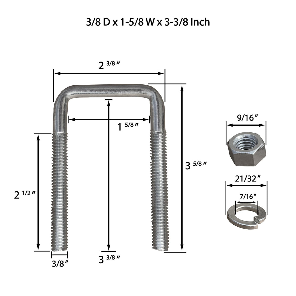Square U Bolt with Hardware for Boat Trailer, Galvanized Steel, 3/8" Diameter x 1-5/8" x 3-3/8" for 1-1/2" Beam (4 Pack)