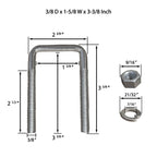 Square U Bolt with Hardware for Boat Trailer, Galvanized Steel, 3/8" Diameter x 1-5/8" x 3-3/8" for 1-1/2" Beam (4 Pack)