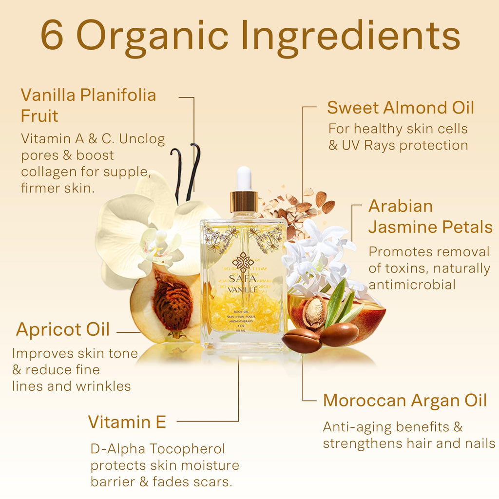 SAFA Vanillé Oil - Organic Oil for Face, Body, Hair, Nails & Aromatherapy | Vanilla Extract & Jasmine Petals - Essential Oil for Diffusers | After Shower Body Oil | Skin Moisturiser (4 Fl Oz)