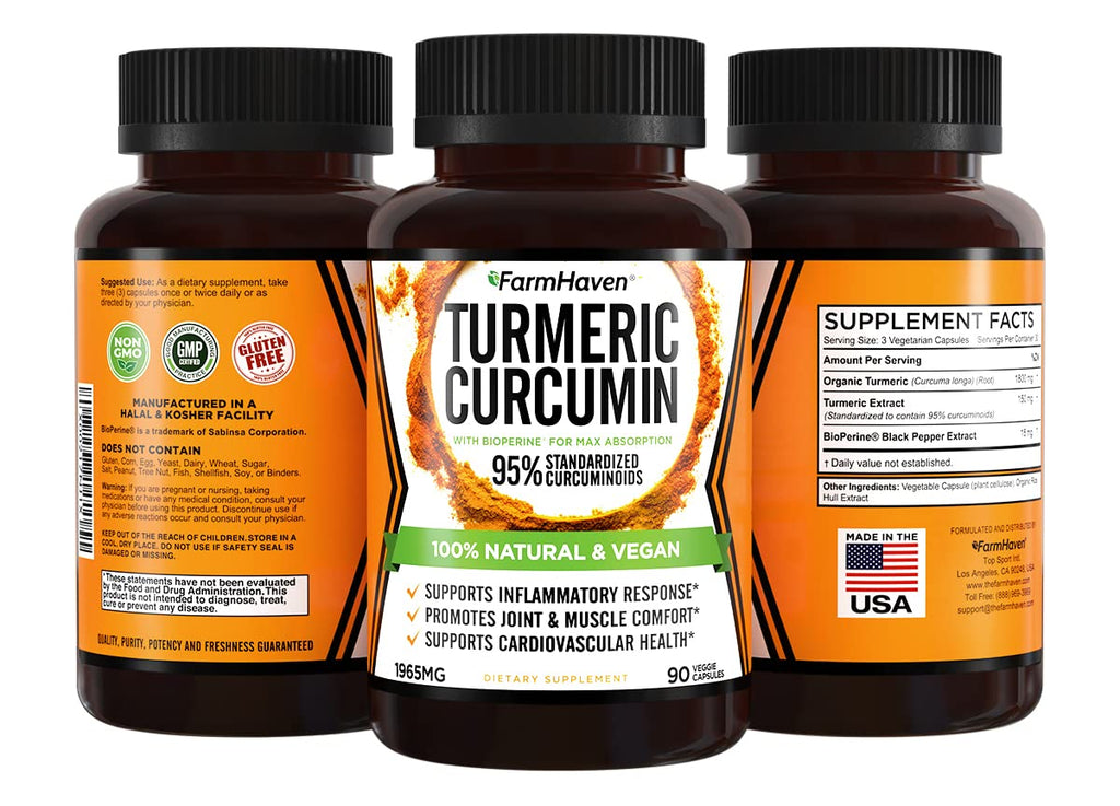 Turmeric Curcumin with BioPerine Black Pepper & 95% Curcuminoids, 1965mg, Maximum Absorption for Joint Support, Non-GMO Turmeric Capsules, Made in USA - 90 Veg Caps