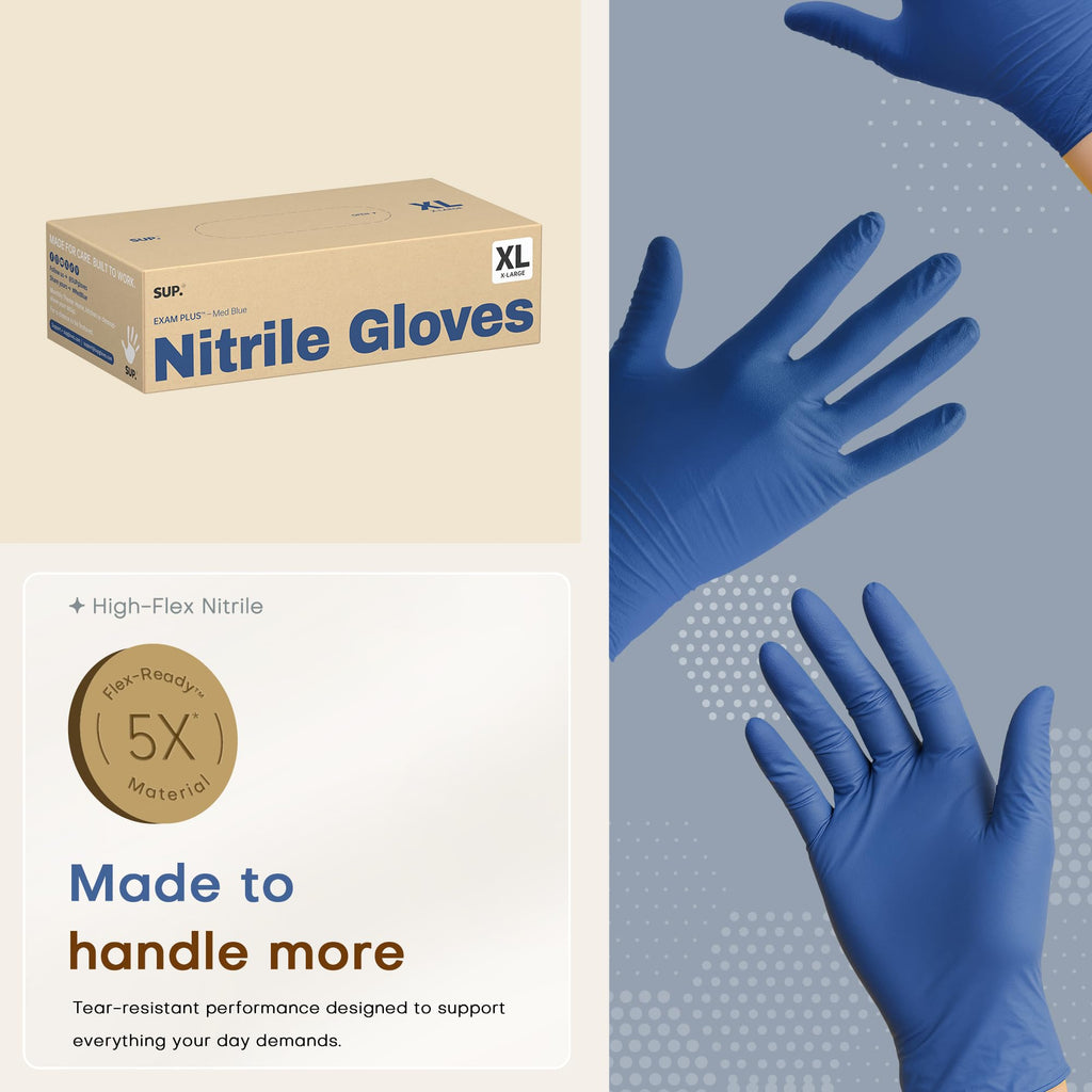 SUP Nitrile Exam Gloves, Powder-Free Latex-Free Food Safe Disposable Glove for Medical Lab Cooking Cleaning, Med Blue 1000 Ct (X-Large)