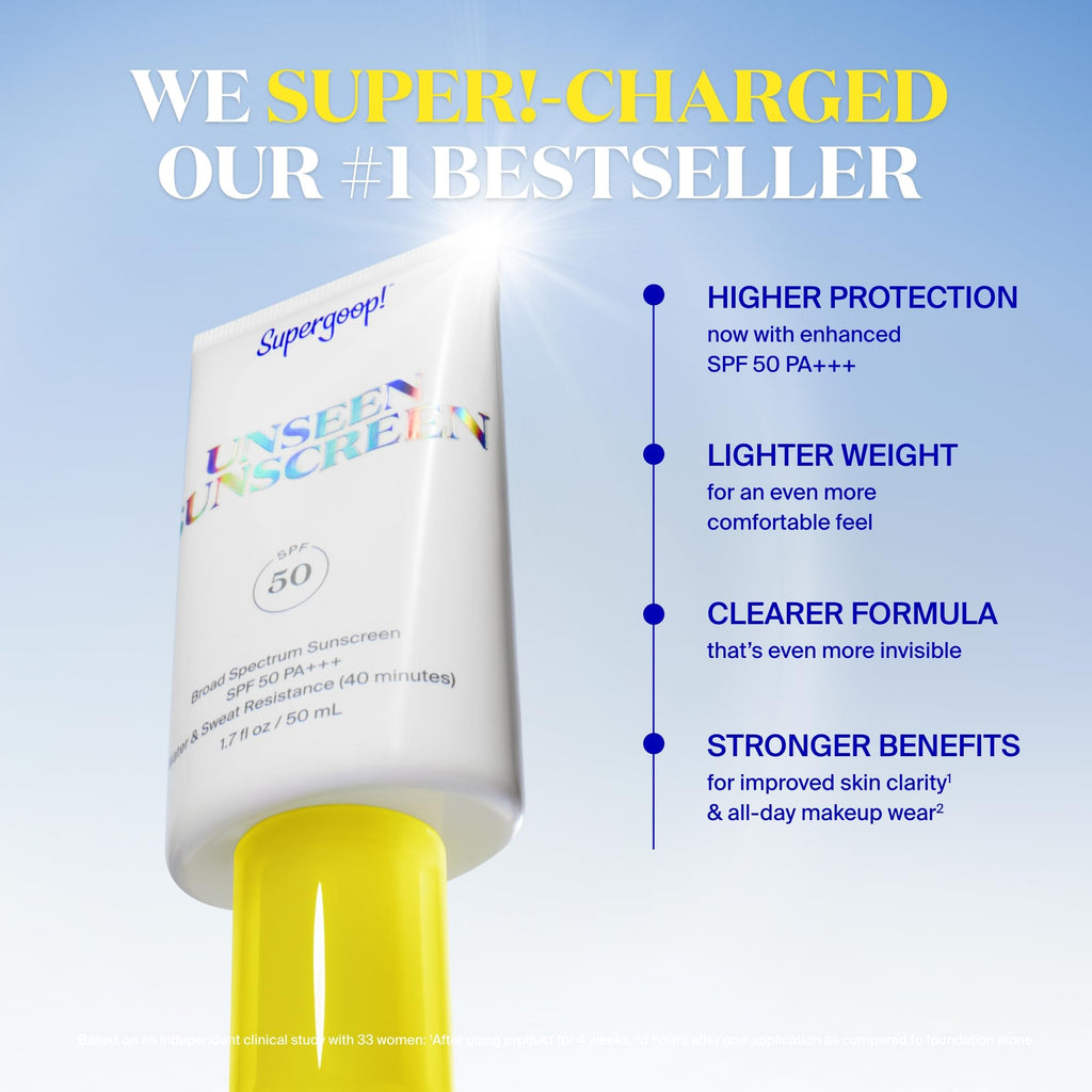 Supergoop! Unseen Sunscreen - SPF 50 - Clear & Invisible Face Sunscreen + Broad Spectrum + Makeup-Gripping Primer - Weightless, Scentless, Oil Free - For All Skin Types & Tones - 2.5 fl oz