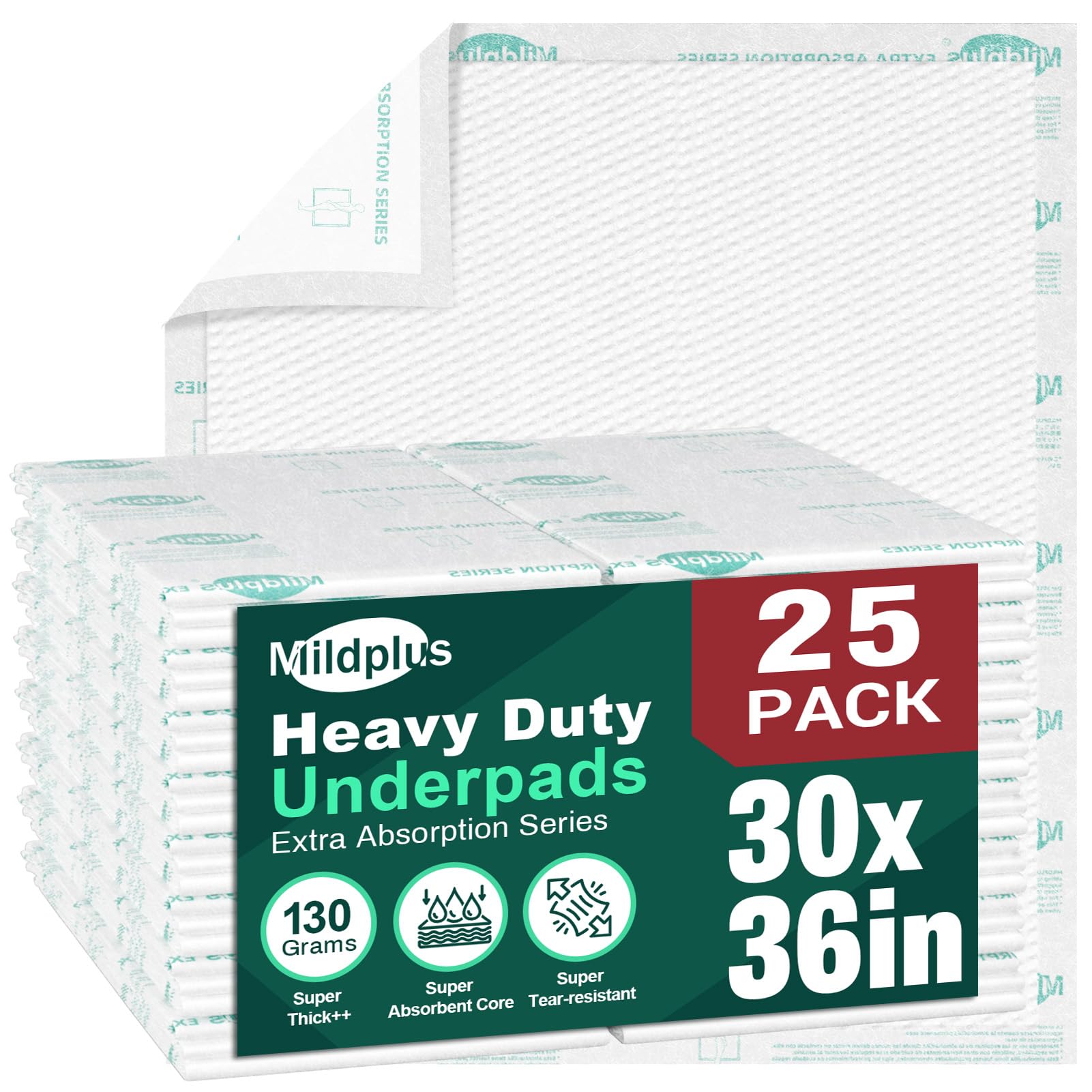 MILDPLUS Heavy Duty Underpads 30"X36", 25 Count, Ultra Absorbent Chucks Pads 130 Grams Disposable Bed Pads with Strength Cloth Backing Incontinence Pads for Adults, Kids or Pets