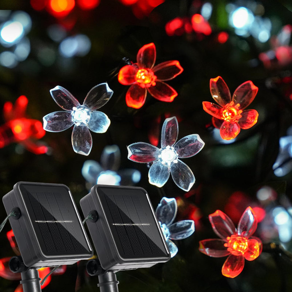 Vruxuri 2 Pack Total 52FT 120 LED Solar String Lights Outdoor Waterproof Flower Fairy Lights for Garden Fence Patio Yard Christmas Tree Lawn Wedding Party Decor, Red and Pure White