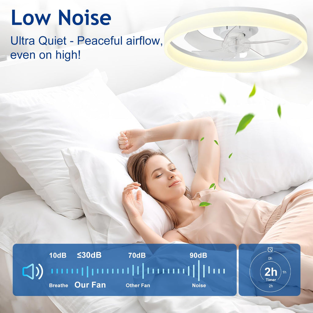 DLLT Modern Ceiling Fans with Lights: 20" Flush Mount Low Profile Ceiling Fan with APP Remote Control - White LED Bladeless Fandelier Dimmable Quiet DC Motor for Bedroom Living Room
