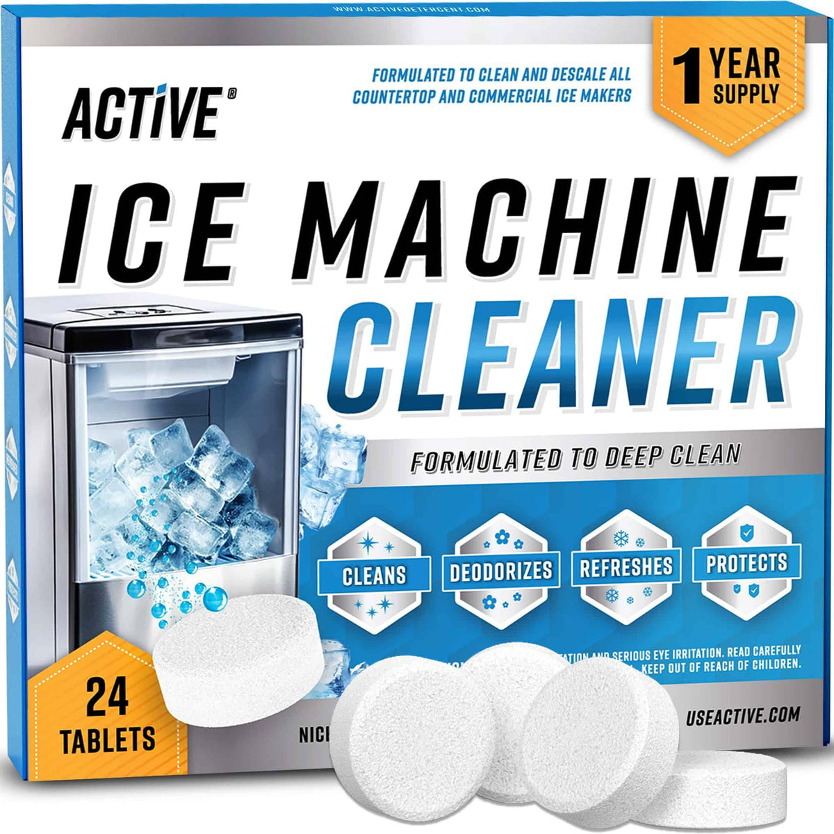 ACTIVE Ice Machine Cleaner Maker Descaler - 24 Clean Tablets Compatible with Frigidaire, Opal, GE Profile, Kitchenaid, Nickel Safe Scale Remover for Countertop, Nugget Ice Makers - Bulk 1 Year Supply