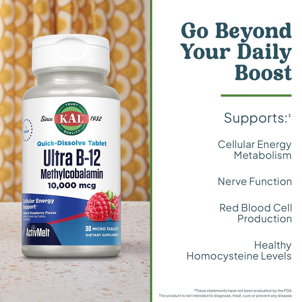 KAL Ultra B12 Methylcobalamin 10,000mcg, High Potency Vitamin B-12 for Healthy Energy, Metabolism, Nerve, Red Blood Cell Support,* Natural Raspberry Flavor, Vegetarian, 30 Micro Tablets, 30 Servings