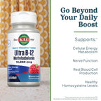 KAL Ultra B12 Methylcobalamin 10,000mcg, High Potency Vitamin B-12 for Healthy Energy, Metabolism, Nerve, Red Blood Cell Support,* Natural Raspberry Flavor, Vegetarian, 30 Micro Tablets, 30 Servings