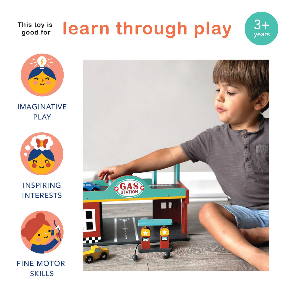 Mentari Toys - Gas Station - Wooden Toy Garage with Lift, Cars, Ramp and Gas Pumps - Encourages Imaginative Play, Fine Motor Skills & Problem Solving - Age 3+