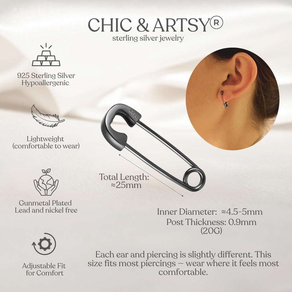 CHIC & ARTSY Black Paperclip Earrings 925 Sterling Silver Black Safety Pin Punk Stud Earrings for Women