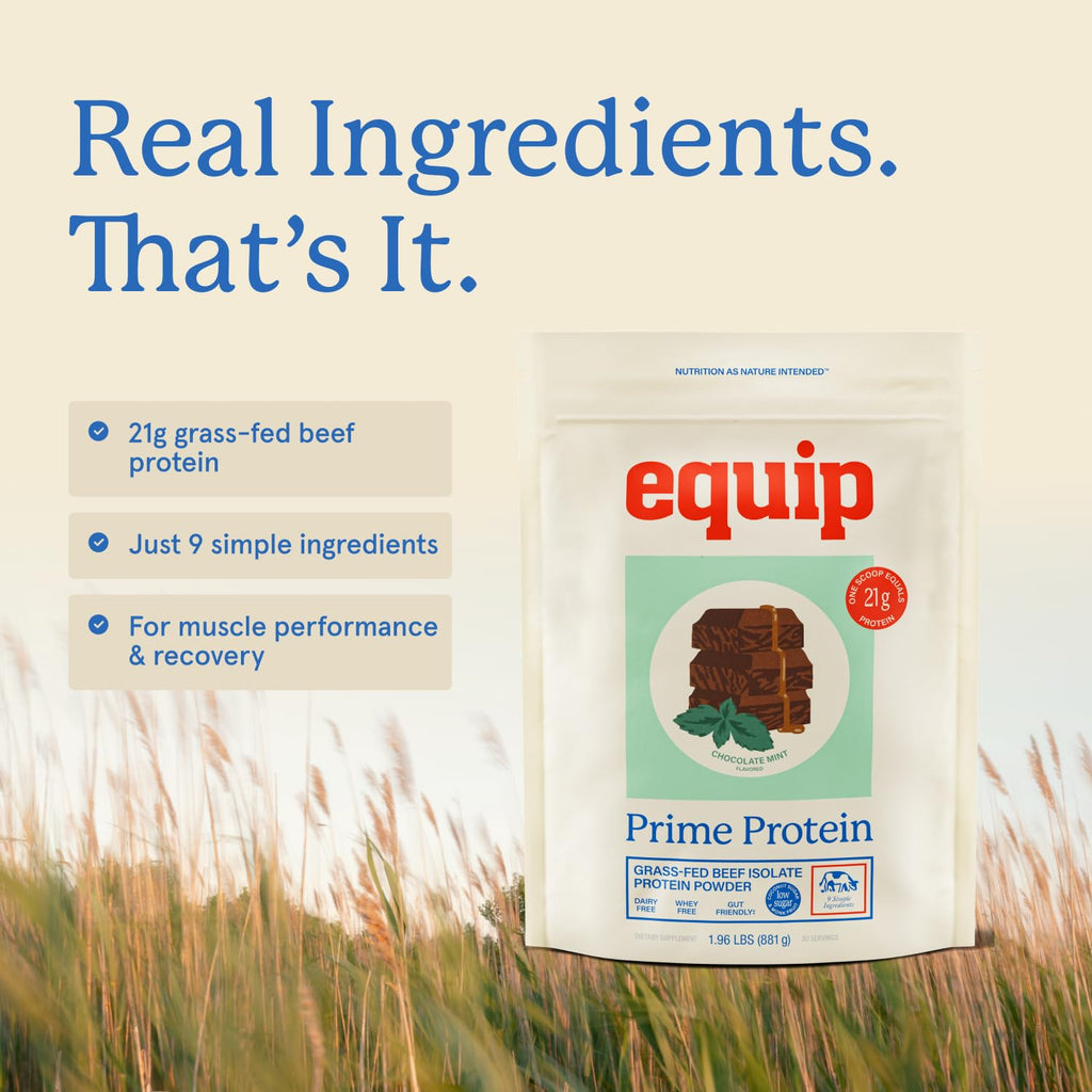 Equip Foods Prime Protein Powder | Clean, Grass Fed Beef Protein Powder for Women & Men | Carnivore Protein Isolate | Paleo, Keto Friendly | Gluten & Dairy Free | 30 Servings, Chocolate Mint