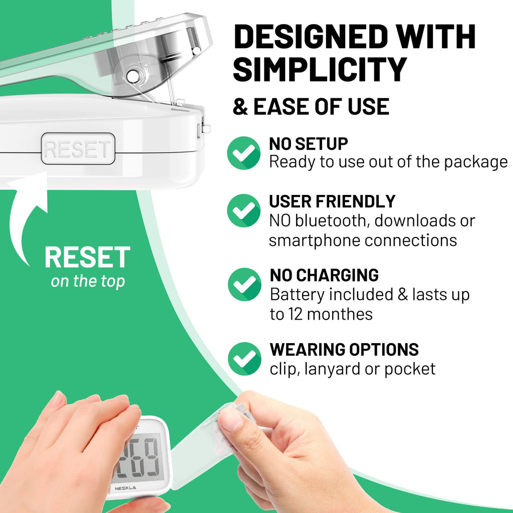 NESKLA 3D Pedometer for Walking, Simple Step Counter with Large Digital Display, Step Tracker with Removable Clip Lanyard, Accurately Track Steps for Men Women Kids Adults Seniors