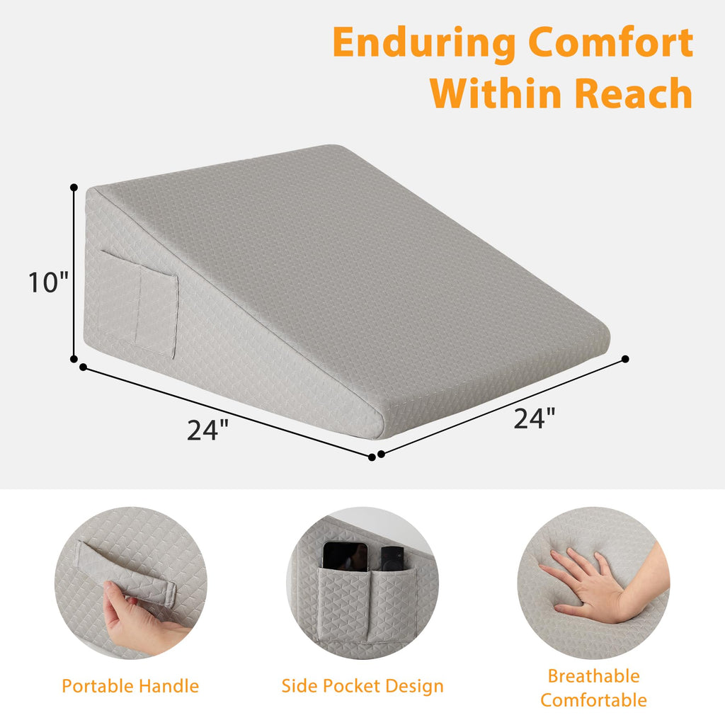 Ruqmuis Wedge Pillow for Sleeping, 10" Bed Wedges Pillow for Headboard, Triangle Incline Wedge for Acid Reflux, Pillows Wedge for Back Pain Relief, Elevated Leg Pillows After Surgery, Snoring, Grey