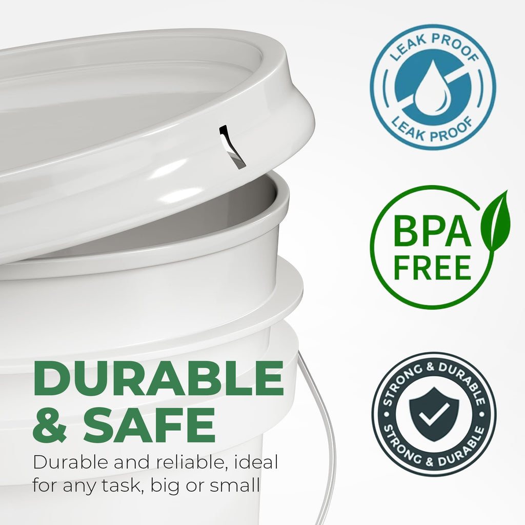 5-Gallon White Bucket Pail Container with Lid | Food Grade | Heavy-Duty Approx 90 MIL Extra Durable | Metal Handles with Plastic Grip | Multi-Use | Easy Stack and Store | BPA Free - 3 Pack