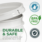 5-Gallon White Bucket Pail Container with Lid | Food Grade | Heavy-Duty Approx 90 MIL Extra Durable | Metal Handles with Plastic Grip | Multi-Use | Easy Stack and Store | BPA Free - 3 Pack