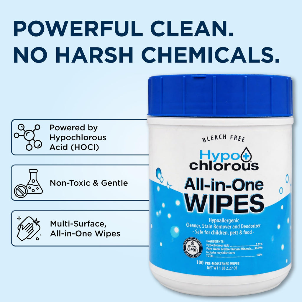 Hypo+Chlorous Hypochlorous Acid Wipes – 100 Count Non-Toxic Cleaner for Skin, Baby, Pet, Home & Gym – Bleach-Free