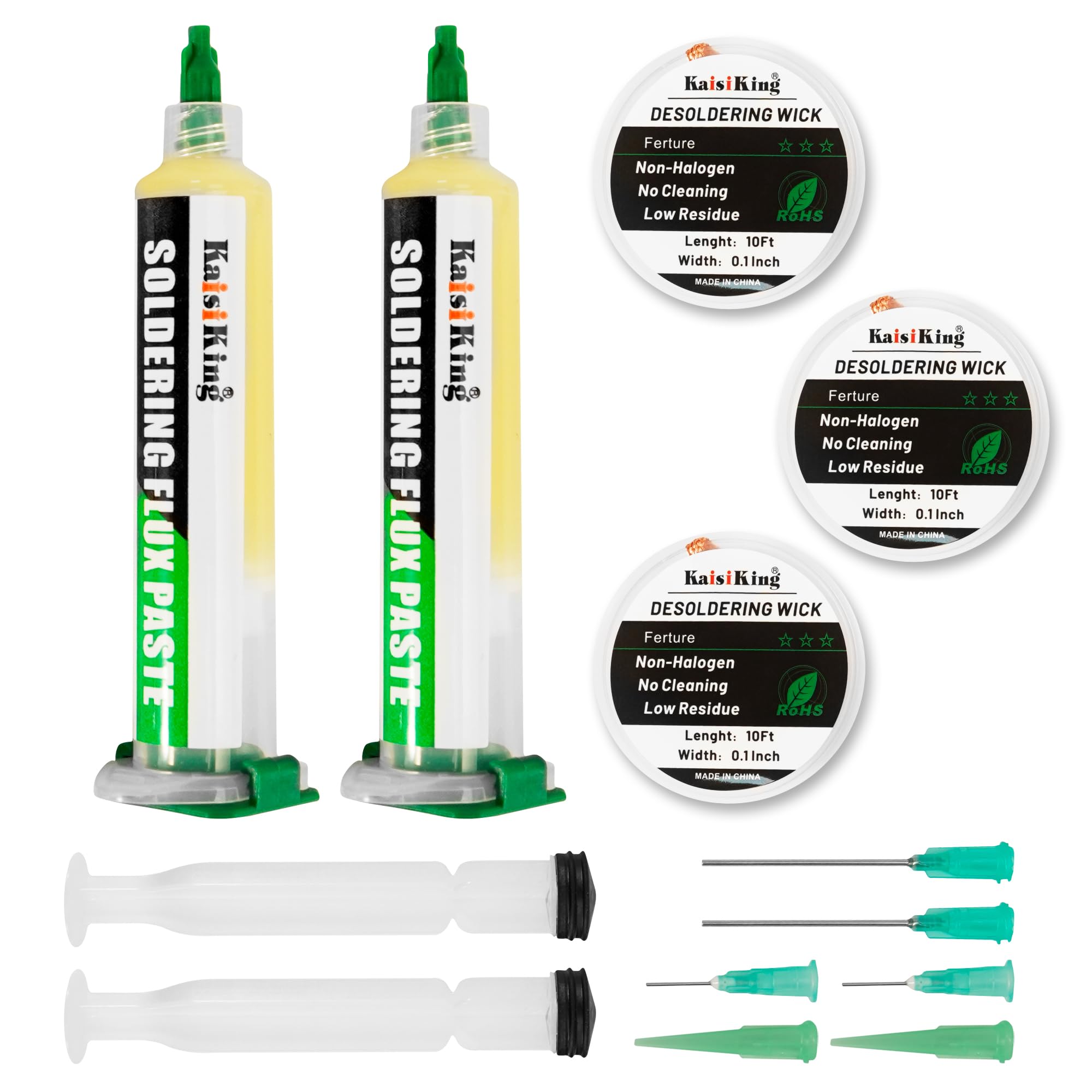 Kaisiking Soldering Flux Paste (10cc) & Desoldering Wick Kit - Premium Rosin Solder Flux for Electronics Repair, 0.1" Braided Copper Wick for PCB, SMD & DIY Projects