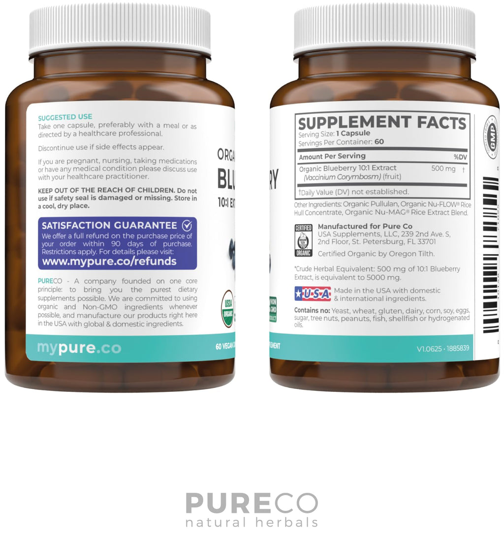 USDA Organic Blueberry Extract Capsules - High Potency Organic Blueberry 500mg 10:1 Extract Per 1 Capsule Serving - Blueberry Supplement for Brain & Immune Support - Vegan Non-GMO (2 Month Supply)
