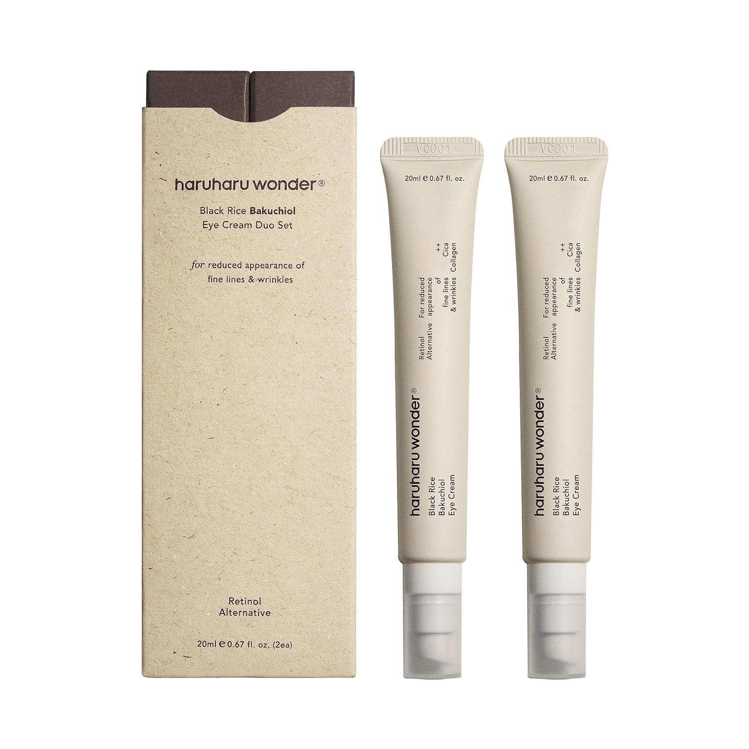 HARUHARU wonder Black Rice Bakuchiol Eye Cream, Smooths Fine Lines & Crow’s Feet, Reduces Puffiness & Dark Circles, Lightweight Day and Night Care, 1.34 fl. oz (Duo Set)