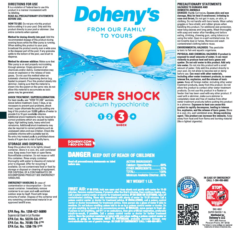 Doheny's Super Pool Shock | Pro-Grade Chlorine Shock, Quick-Dissolving, Fast-Acting 68% Cal-Hypo Granular Pool Shock | 6 x 1lb Bags, Proudly Made in the USA