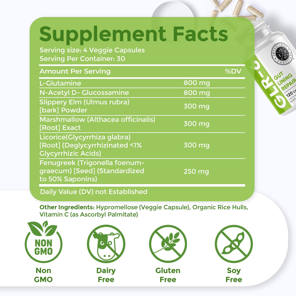 Intestinal Fortitude GLR-6 - Gut Lining Repair Supplement for Gut Health - Leaky Gut Repair with L-Glutamine, Slippery Elm, DGL Licorice Root, Marshmallow Root, Fenugreek - IBS, IBD, GERD - Vegan