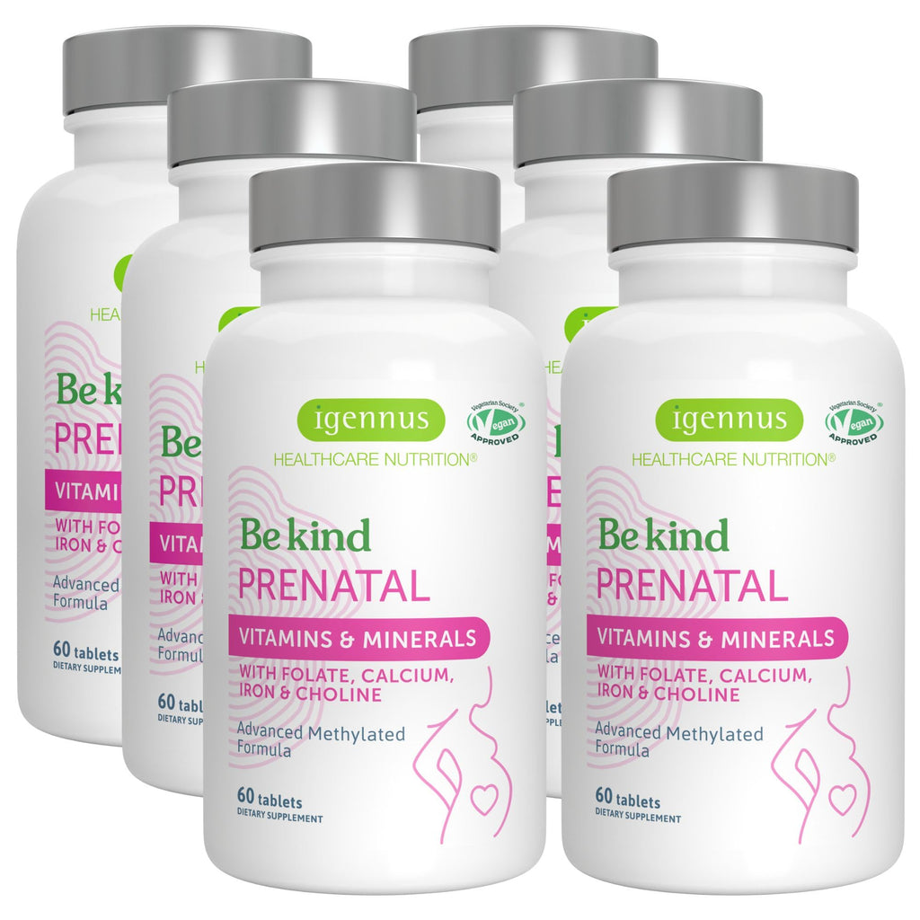 Igennus Methylated Prenatal Multivitamin for Women, Folate for MTHFR, High Absorption, Pure & Clean, Gentle Iron, Choline, Calcium & Magnesium, Vegan Pregnancy Vitamins, Halal, Non-GMO, 60 Tablets x 6