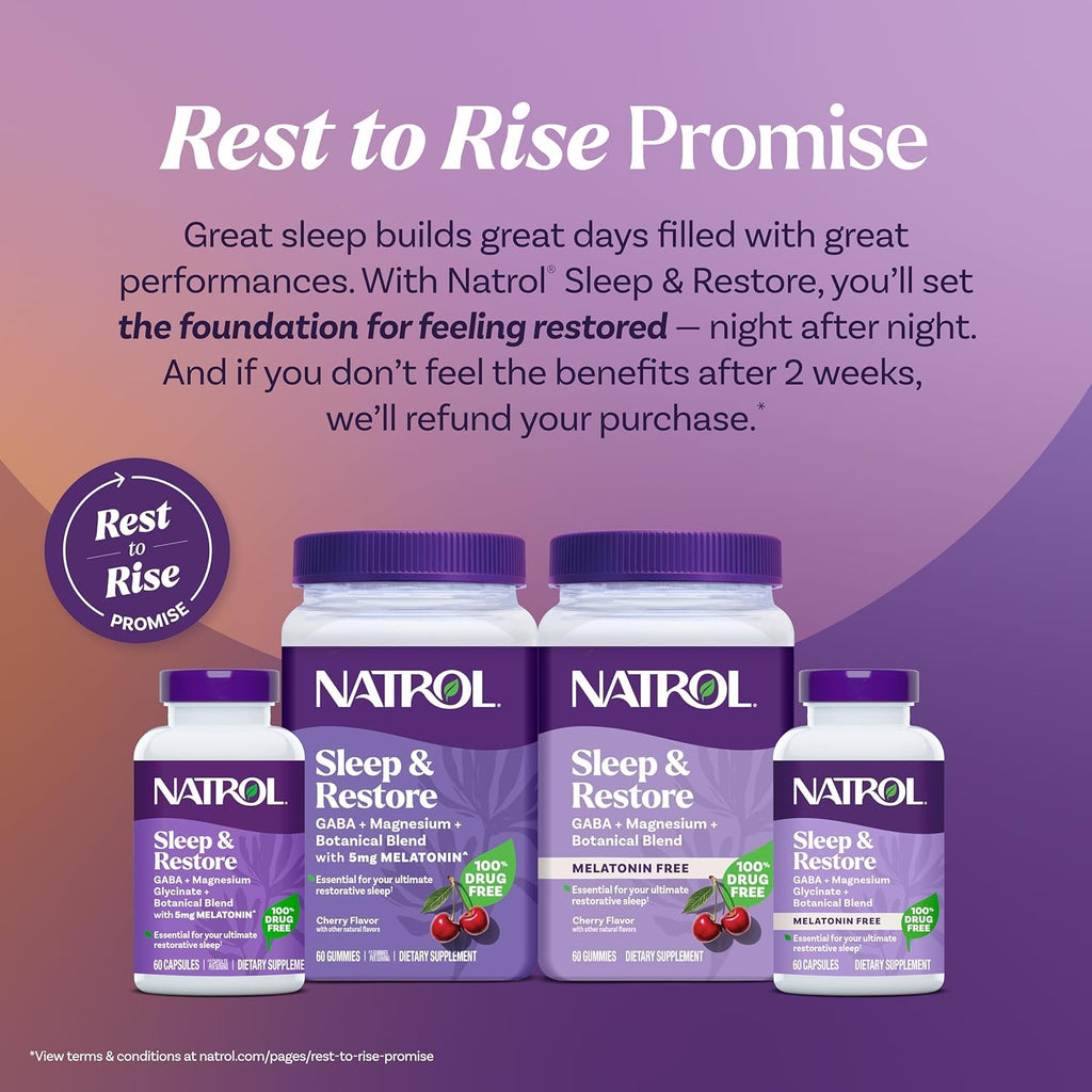 Natrol Sleep & Restore Capsules - Calm Magnesium Glycinate, Magnesium Sleep Aid with GABA, Melatonin 5mg, Botanical Blend, 30 Day Supply, 60 Count (Pack of 2)
