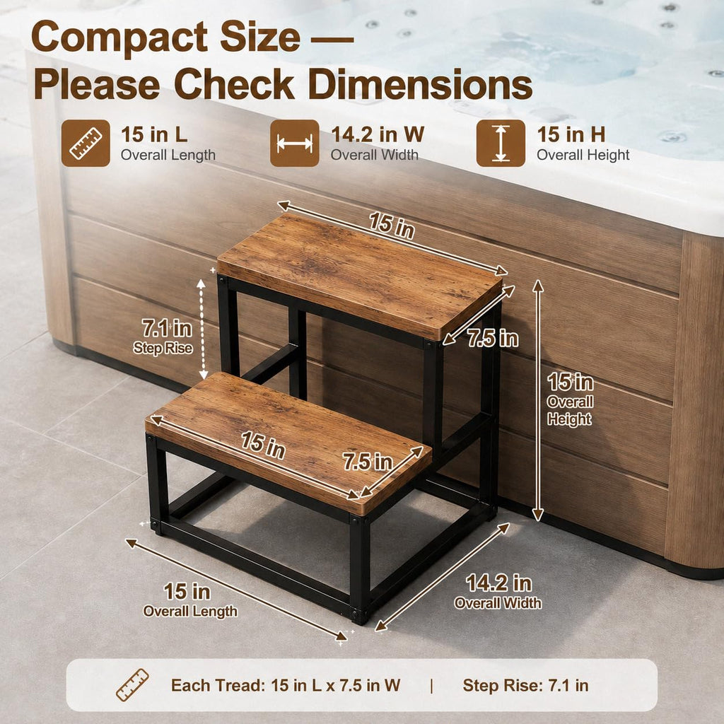 ROMIVO Hot Tub Step Stool, 2 Step Stool for Adults & Kids, 500 lbs Heavy Duty Metal Frame, Wood-Look Bed Steps for High Beds, Kitchen, Bathroom, RV, Covered Spa Area, Rustic Brown