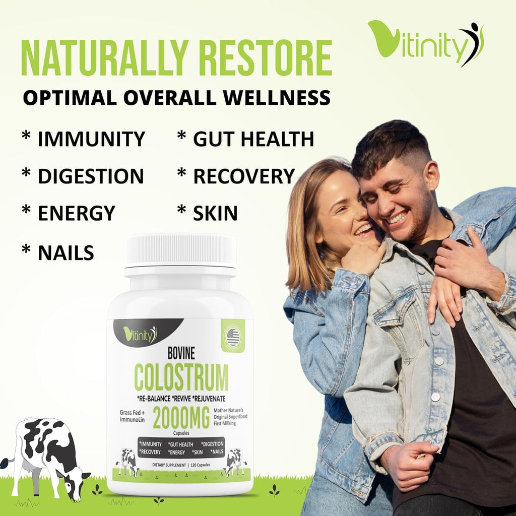 VITINITY Grass Fed Bovine Colostrum Capsules for Humans - Natural IgG Colostrum Supplement for Gut Health, Immune Support, Muscle Recovery & Wellness | Pure Colostrum Superfood, Unflavored (120 Count)