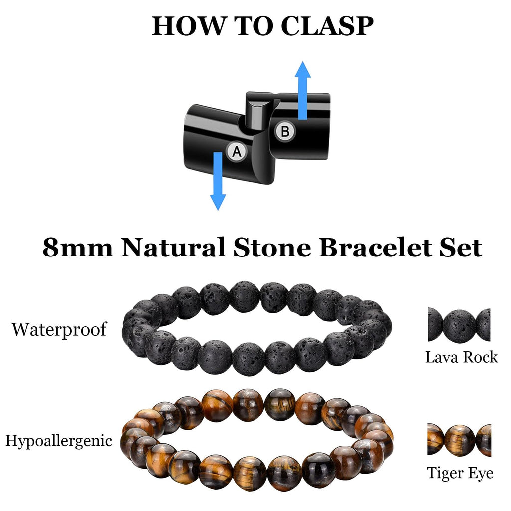 LOWNOUR Mens Bracelet Set Black Leather Bracelets for Men Tiger Eye Bracelet 8mm Lava Rock Beaded Bracelets Adjustable Stretch