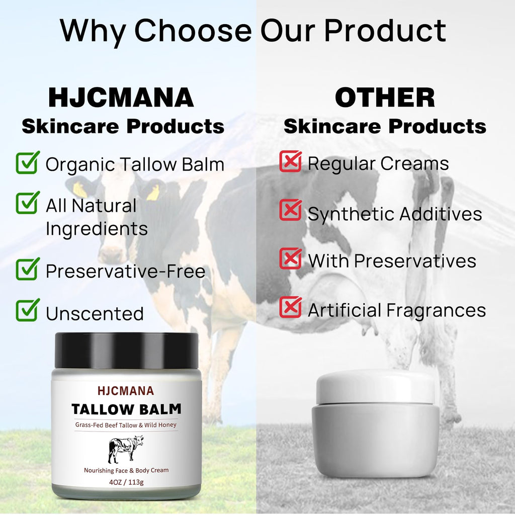 HJCMANA Beef Tallow for Skin 4 OZ, Natural Unscented Tallow and Honey Balm, Grass Fed Beef Tallow for Face and All Skin Types