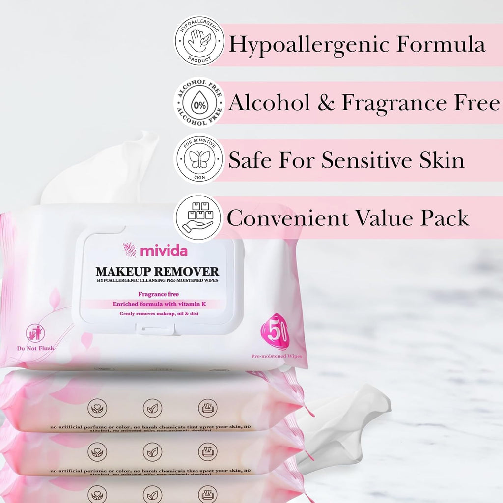 mivida Hypoallergenic Makeup Remover Wipes Bulk With Vitamin E, 200 count (4×50) Value Pack, Fragrance Free Makeup Wipes For Sensitive Skin, Alcohol Free Facial Make up Remover