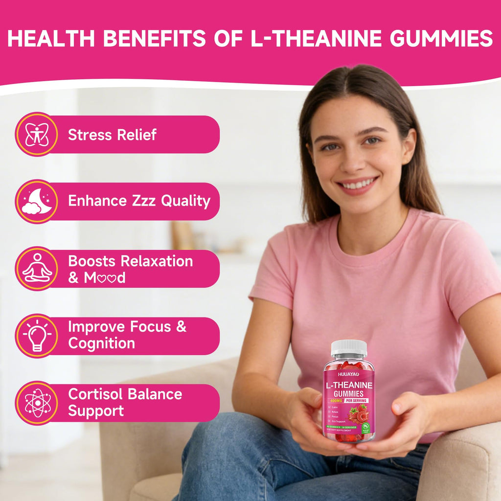 HUUAYAO L-Theanine Gummies 400mg, L-Theanine Supplement for Kids & Adults with Ashwagandha, GABA, 5HTP for Calm, Zzz & Relaxation Support, Raspberry Flavor, 120 Counts