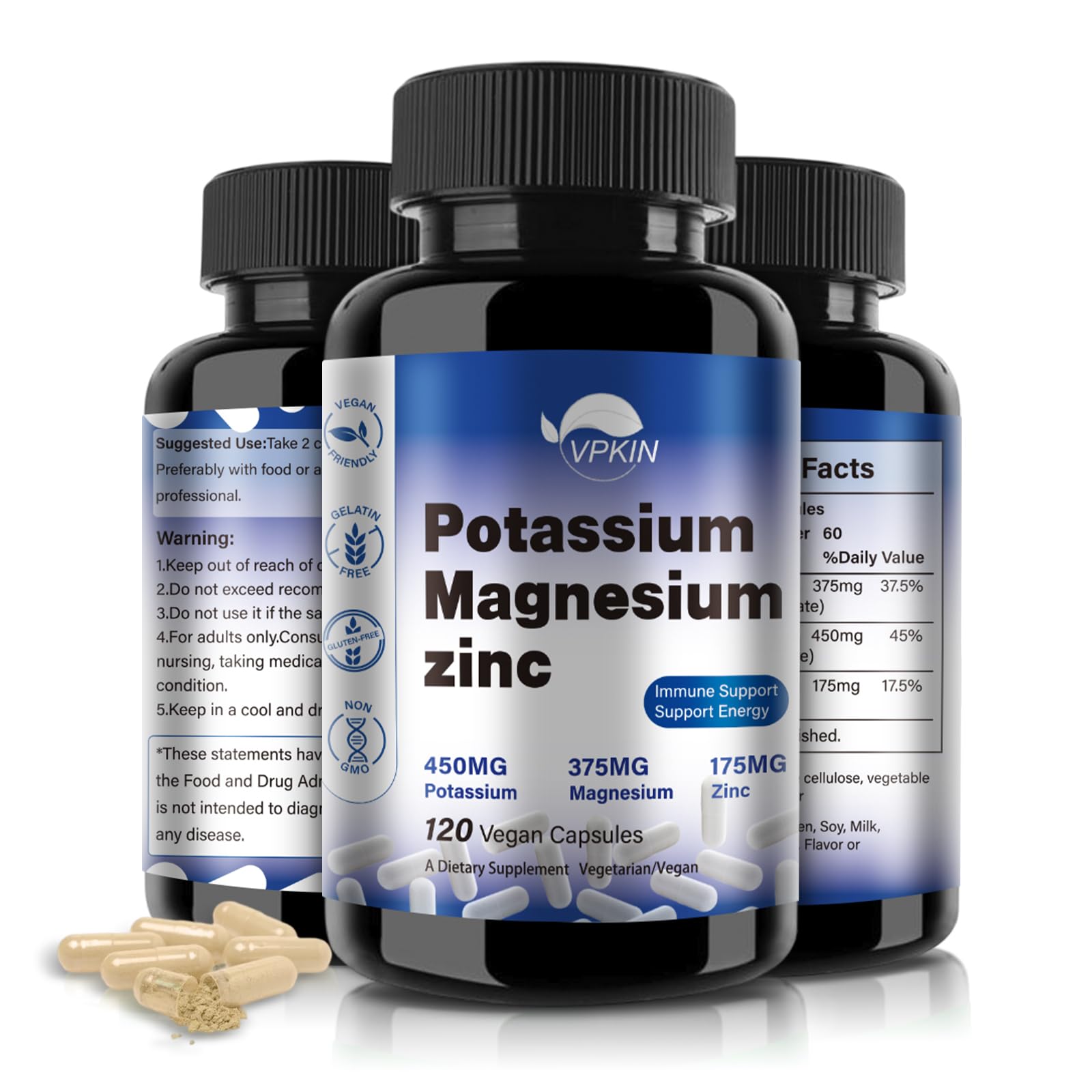 Potassium Magnesium Supplement 1000mg, Magnesium Potassium Zinc Aspartate Support Vascular, Bone, Heart, Muscle & Nerve Health, Non-GMO, Vegan, (120 Capsules)