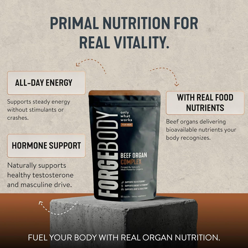 FORGEBODY Beef Organ Capsules 100% Grass Fed Beef Organ Complex Supplement with Blend of Liver, Heart, Bone Marrow, Pancreas & Testicles - Supports Body Health & Brain Function [3 Months]