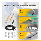 King&Charles Window Screen Door Repair/Replacement Kit, Include Gray Screen Mesh 59"x106"+ 2 Roller+50Ft Spline+8Clips+Hook, 6 in 1 Window Mesh Kit, Steel/Nylon Bearing Roller