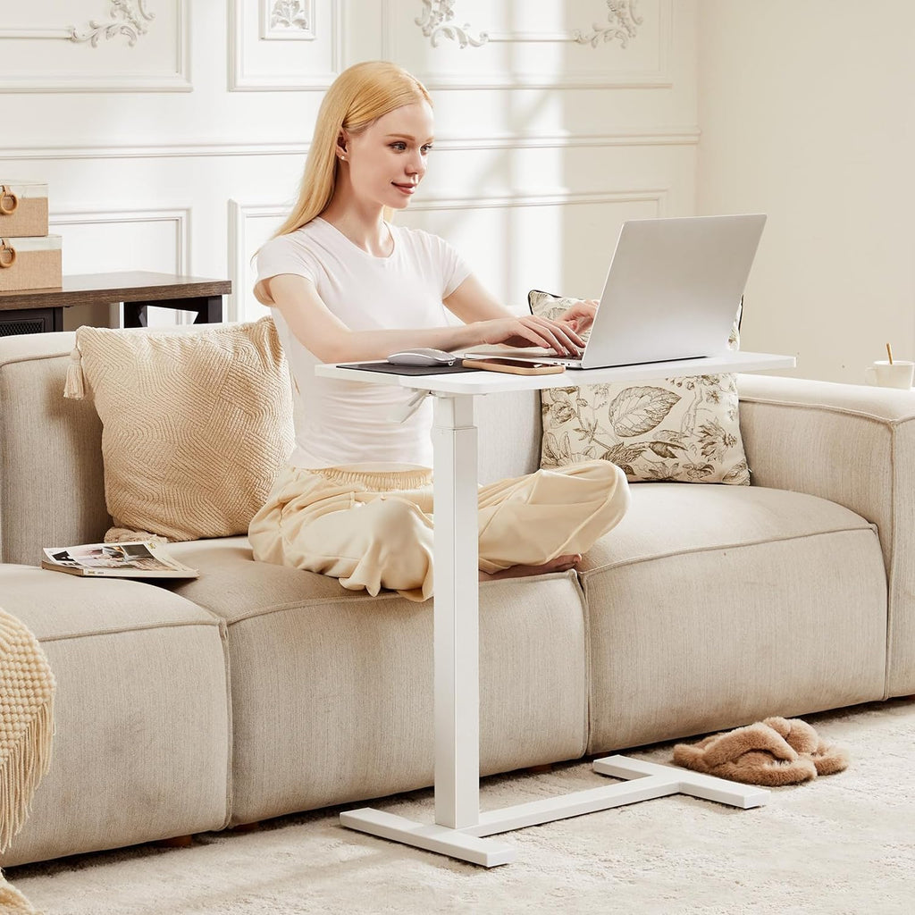Sweetcrispy Overbed Bedside Table with Wheels, Adjustable Hospital & Home Use Bed Rolling Laptop Table, Mobile Standing Desk, White