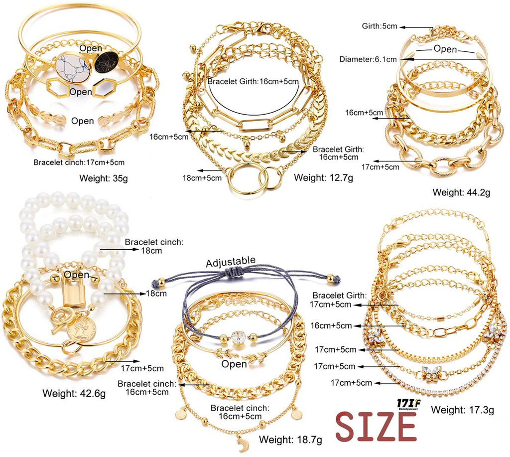 17IF 25 PCS(6 Pack) Dainty Boho Gold Chain Bracelets Set for Women Stackable Chunky Multipack Layered Bangles Adjustable Flat Cuff Cuban Punk Charm Bracelet Bundle Jewelry