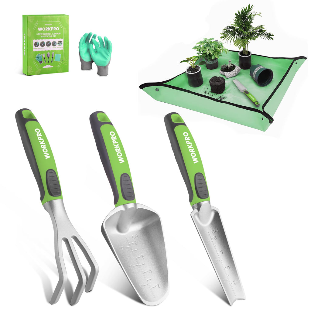 WORKPRO 5-Piece Aluminum Garden Tool Set with Repotting Mat